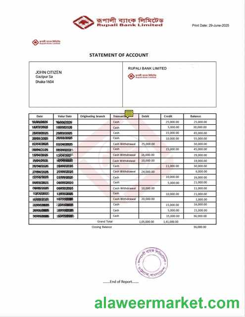 Bangladesh Rupali Bank statement of account Word and PDF template